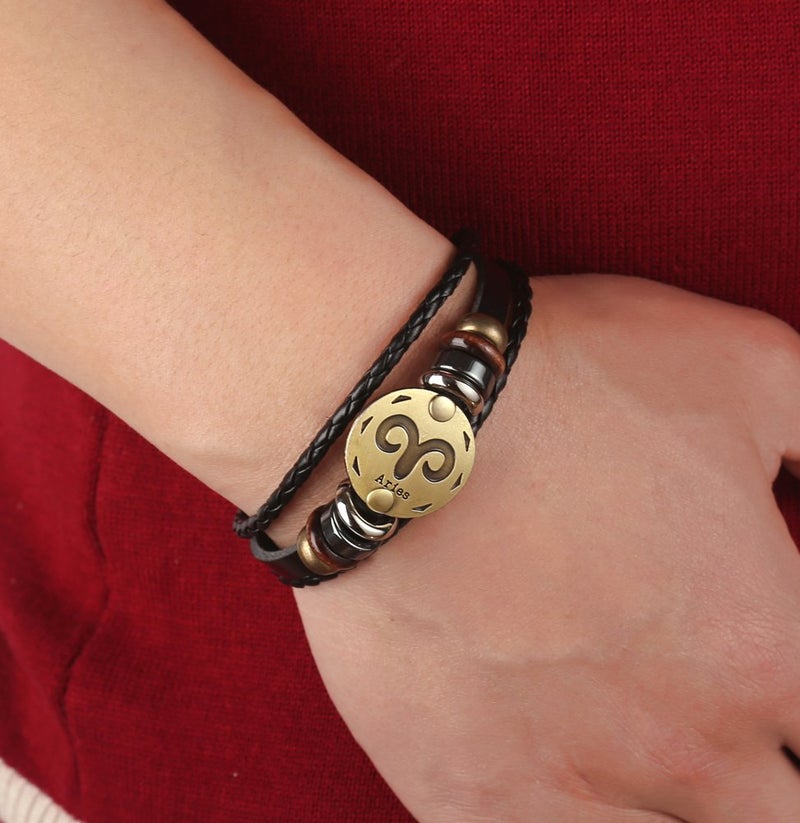 Hamoery Punk Alloy Leather Bracelet For Men Constellation Braided Rope Bracelet Bangle Wristband(Aries) - Image 4